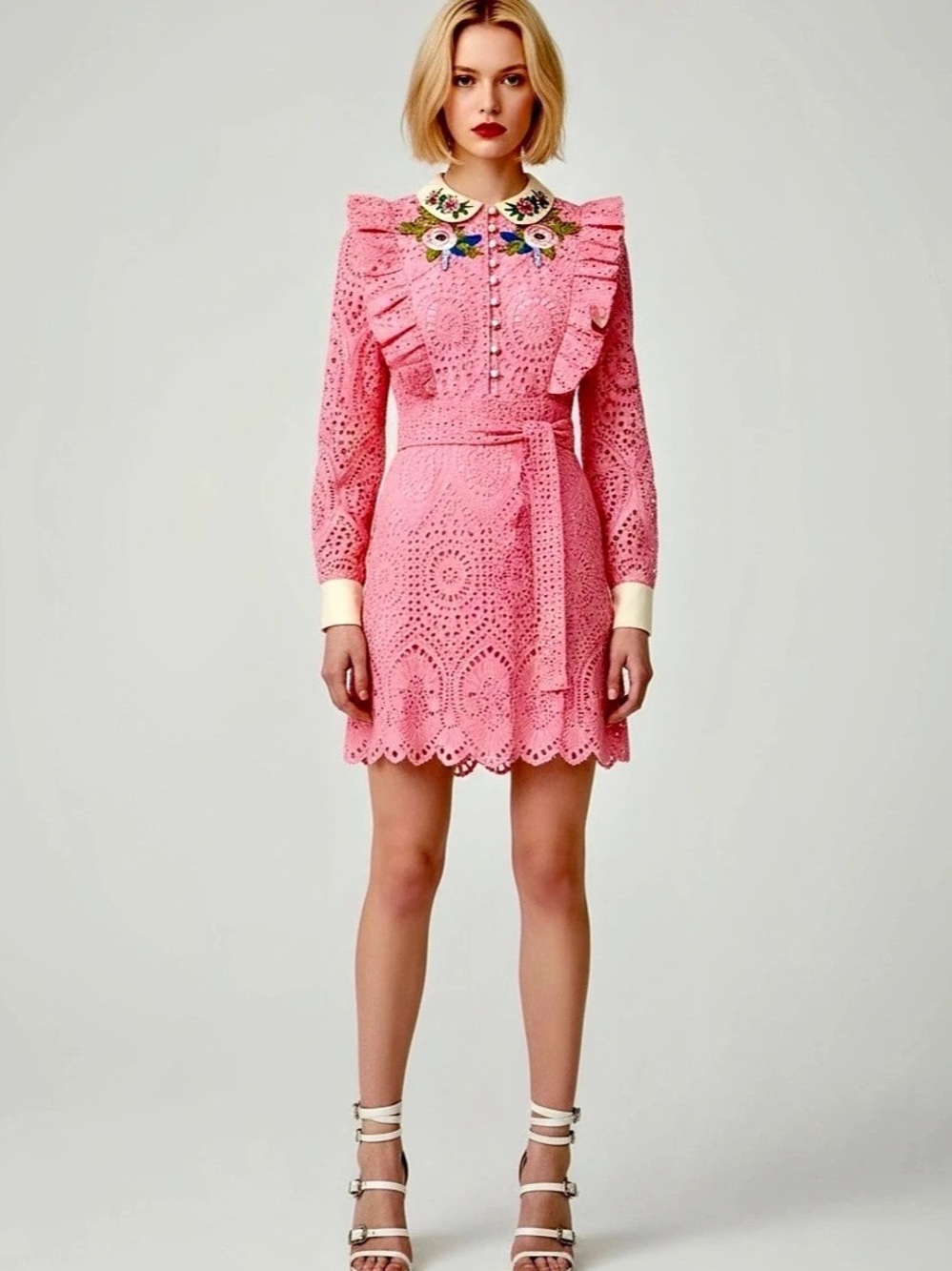 Gucci Floral Embroidered Cotton Eyelet Mini Dress Pink & White Size 36